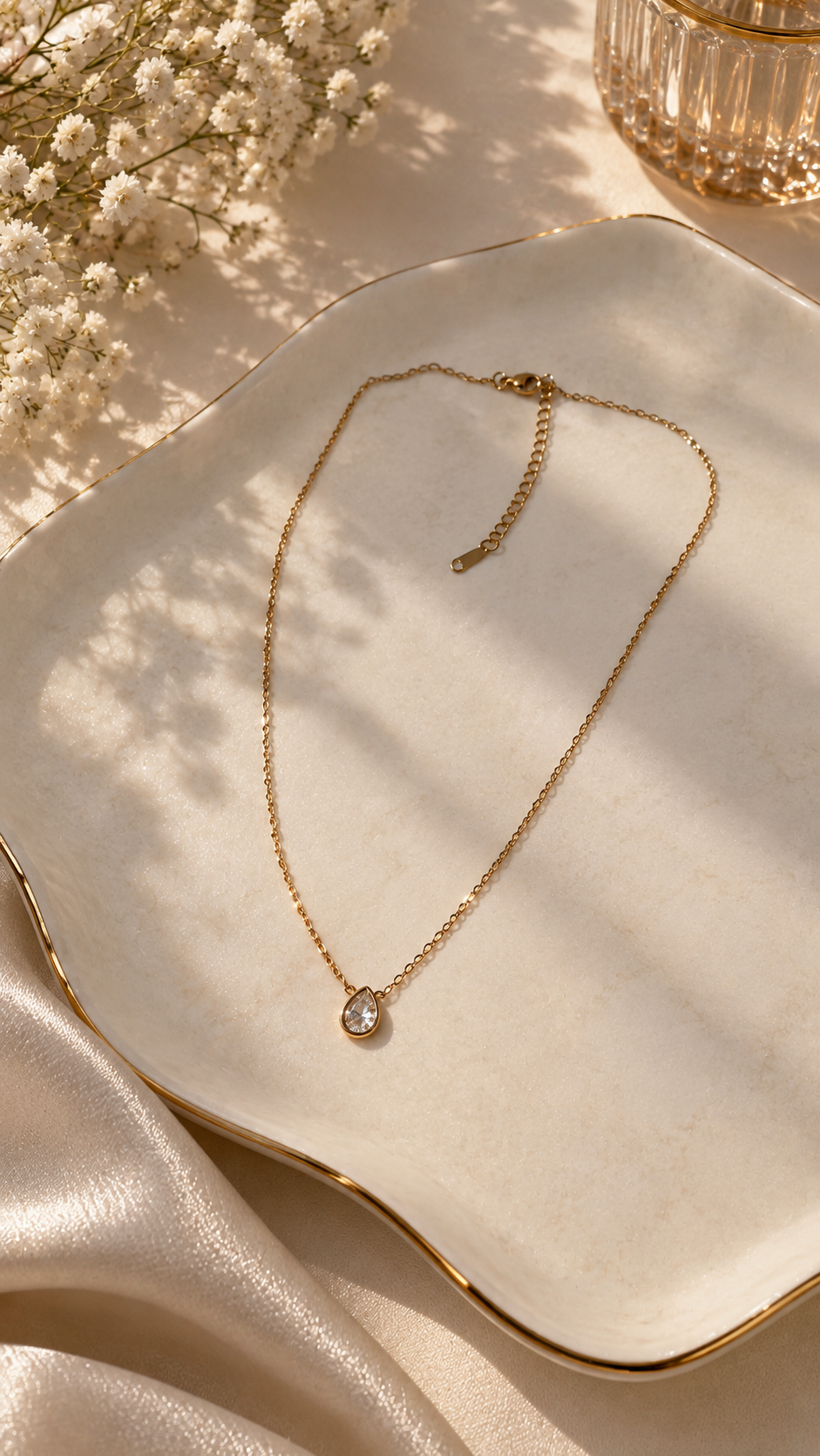 Tropfen Halskette Gold mit Zirkonia | Filigrane Edelstahl Kette