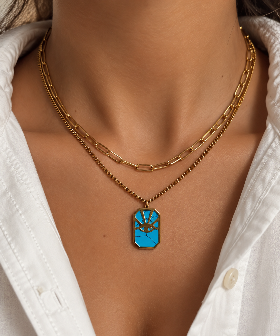 Layering Halskette Gold mit Türkis Augen Anhänger | Edelstahl Doppelkette
