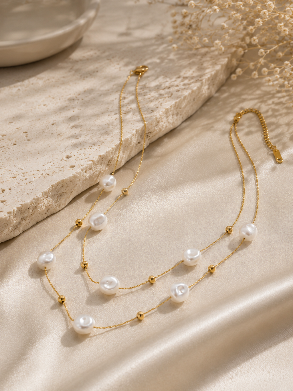 Doppelkette mit Perlen – Edelstahl Halskette Gold & Silber
