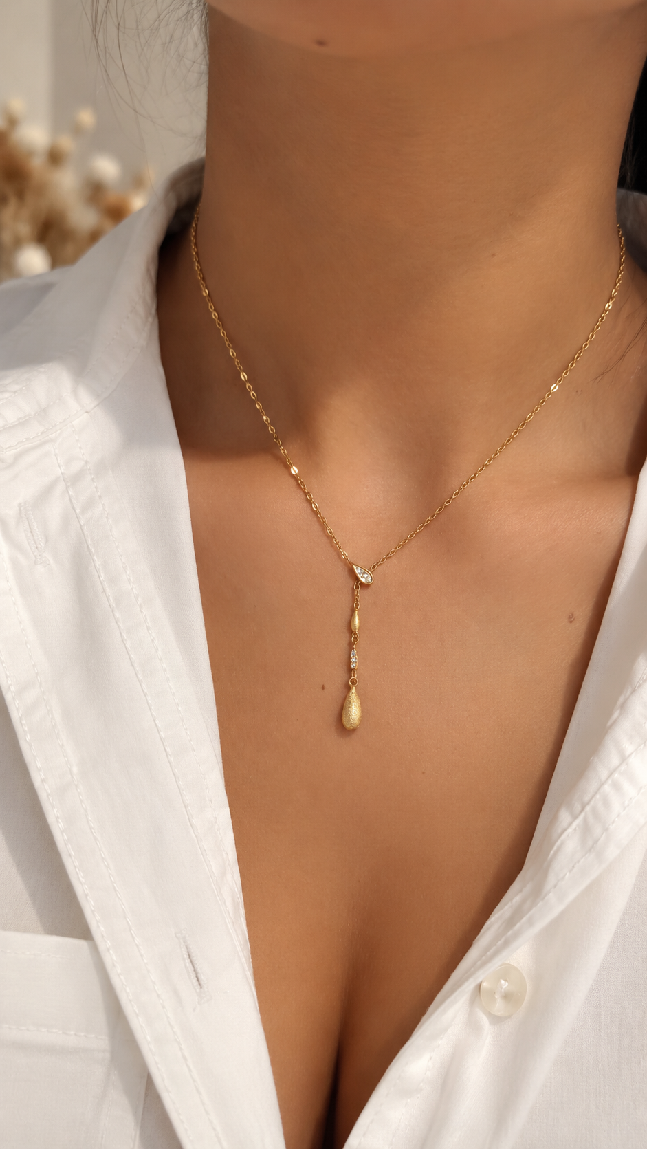Y-Kette Gold mit Tropfen Anhänger | Elegante Edelstahl Halskette