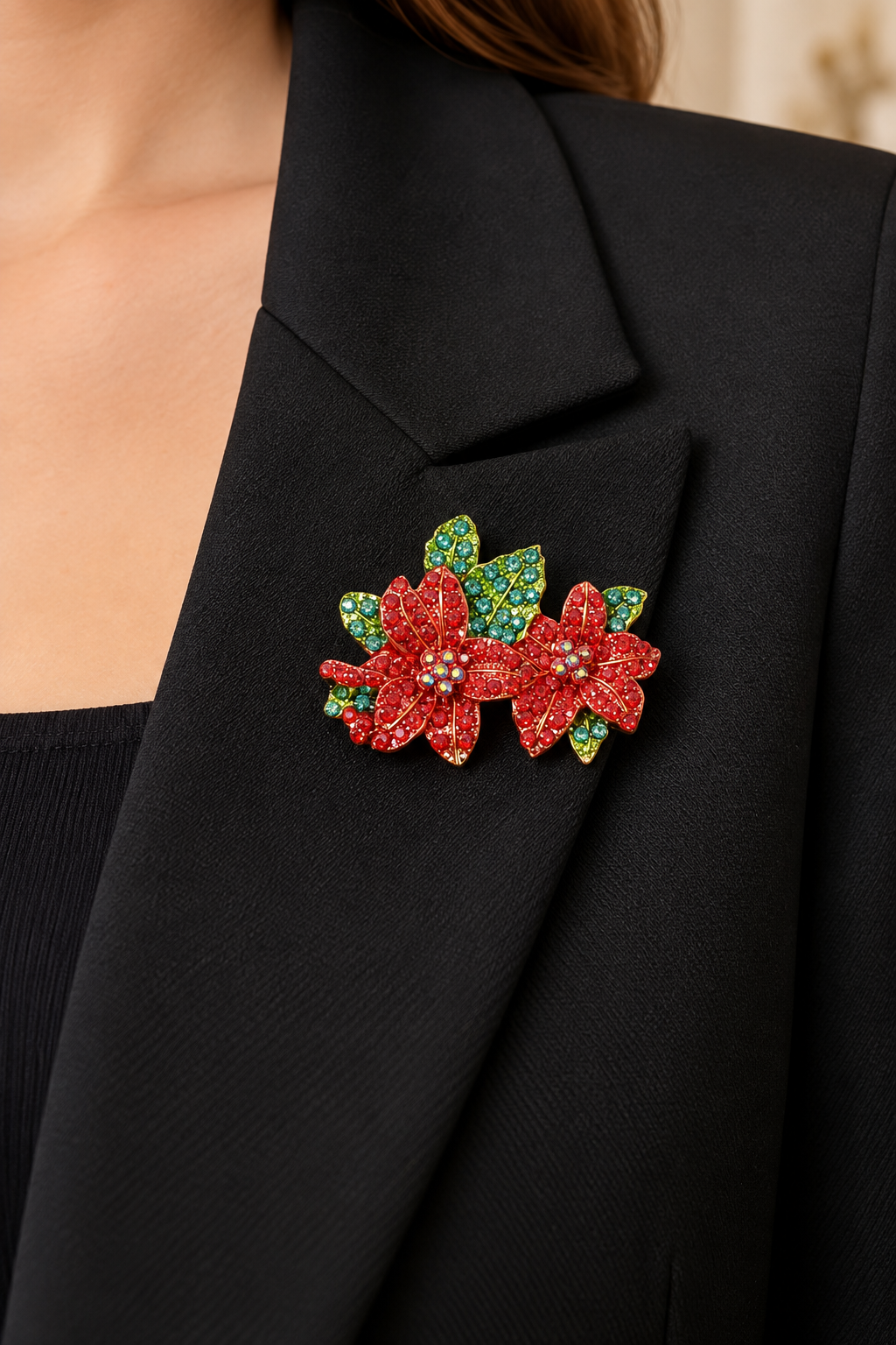 Weihnachtsstern Brosche Rot & Grün | Funkelnde Blumen Brosche