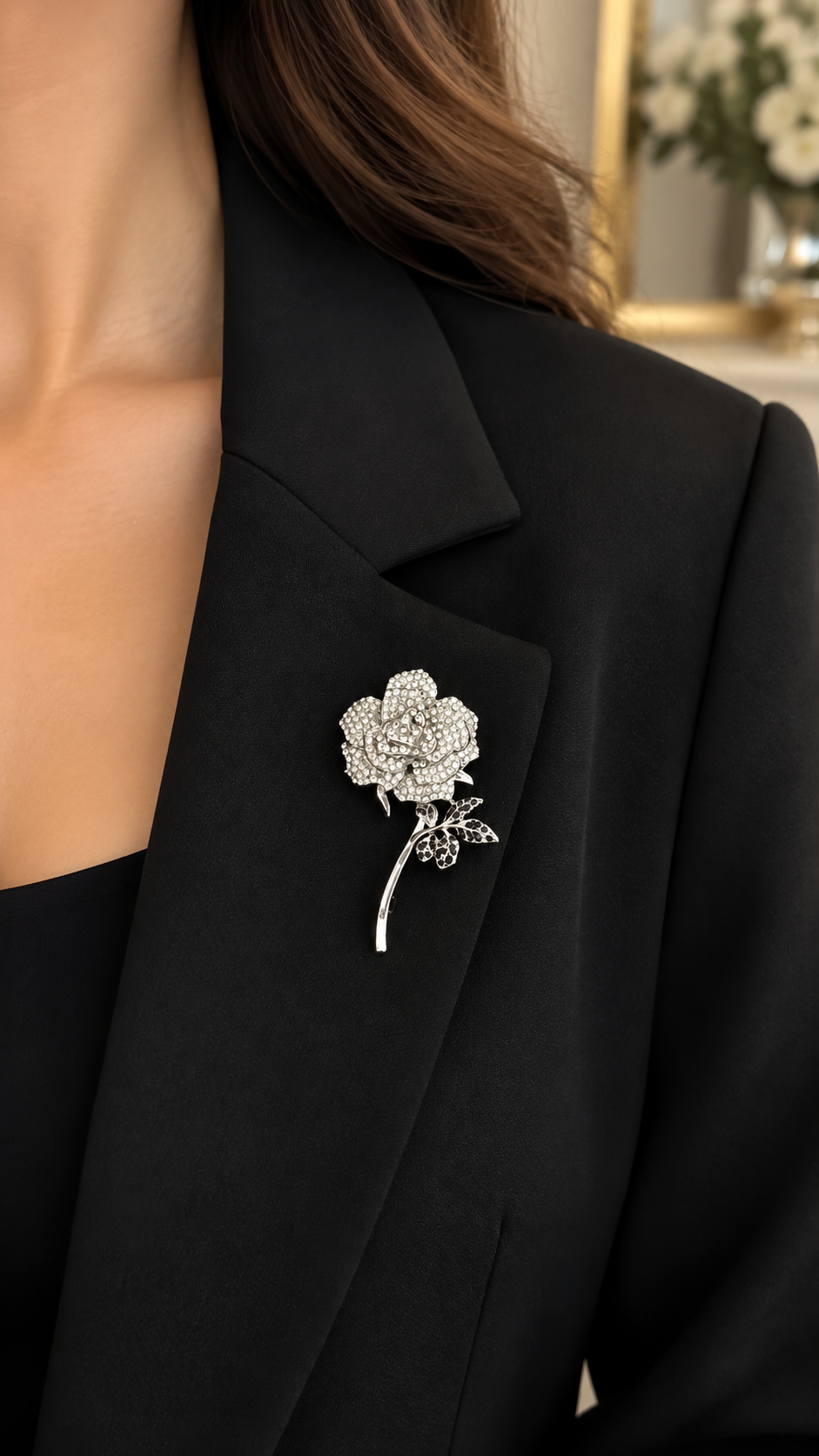 Elegante Rosen Brosche Silber mit Strasssteinen – Vintage Blumenbrosche für Damen