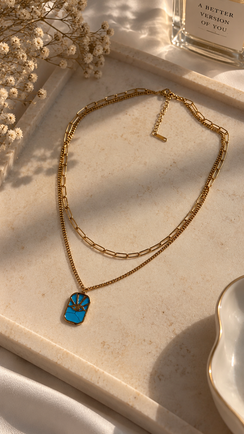 Layering Halskette Gold mit Türkis Augen Anhänger | Edelstahl Doppelkette