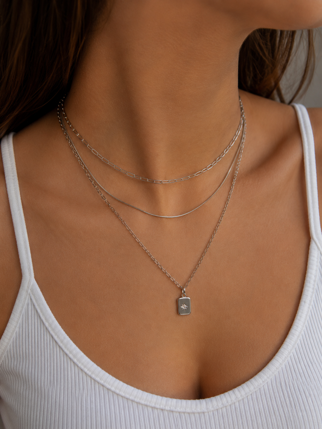 3-reihige Layering Halskette Silber – Edelstahl Kette mit Stern Anhänger