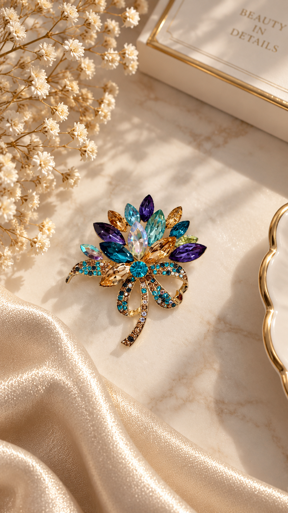 Elegante Blumenbrosche Gold mit Kristallen – Funkelnde Strass Brosche für Damen | 2 Farben