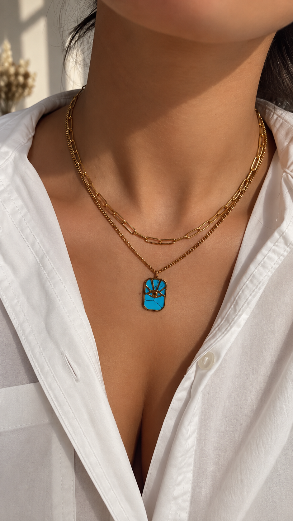 Layering Halskette Gold mit Türkis Augen Anhänger | Edelstahl Doppelkette