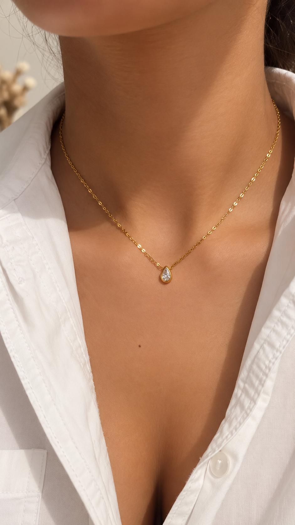 Tropfen Halskette Gold mit Zirkonia | Filigrane Edelstahl Kette