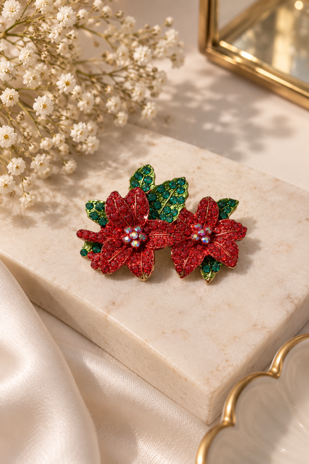 Weihnachtsstern Brosche Rot & Grün | Funkelnde Blumen Brosche