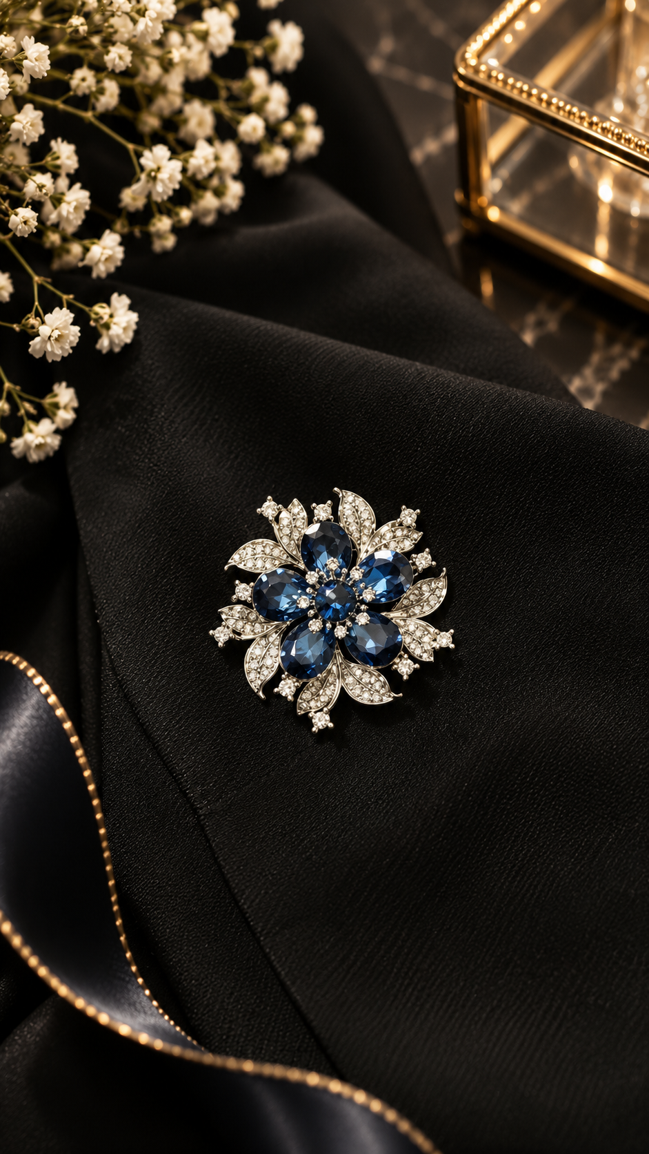 Elegante Blumenbrosche Silber Blau – Vintage Brosche mit Strasssteinen | Damen Schmuck