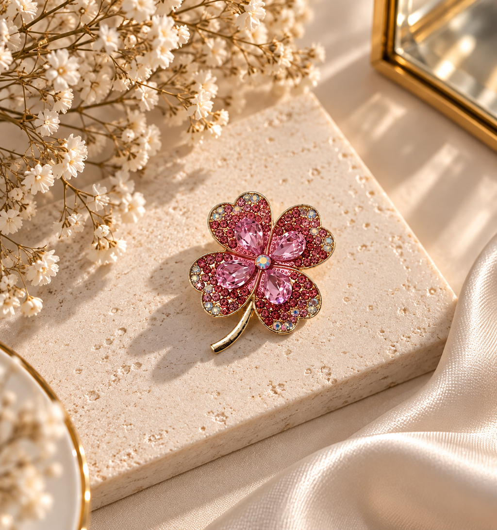 Kleeblatt Brosche mit Kristallsteinen – Gold | Grün & Rosa