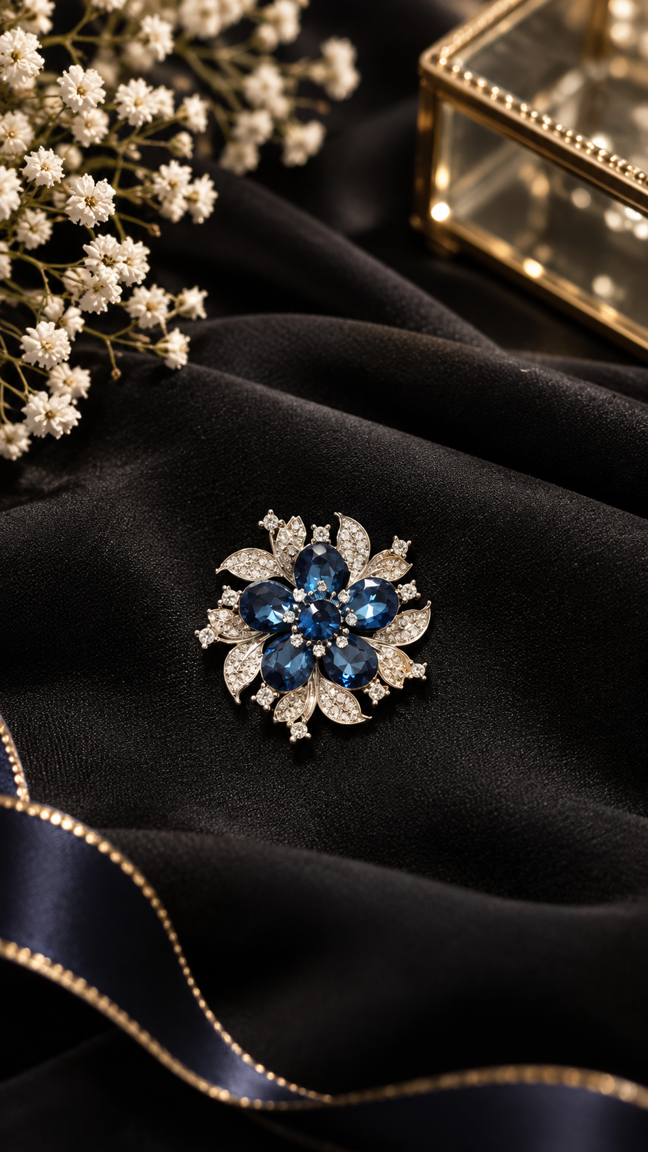Elegante Blumenbrosche Silber Blau – Vintage Brosche mit Strasssteinen | Damen Schmuck