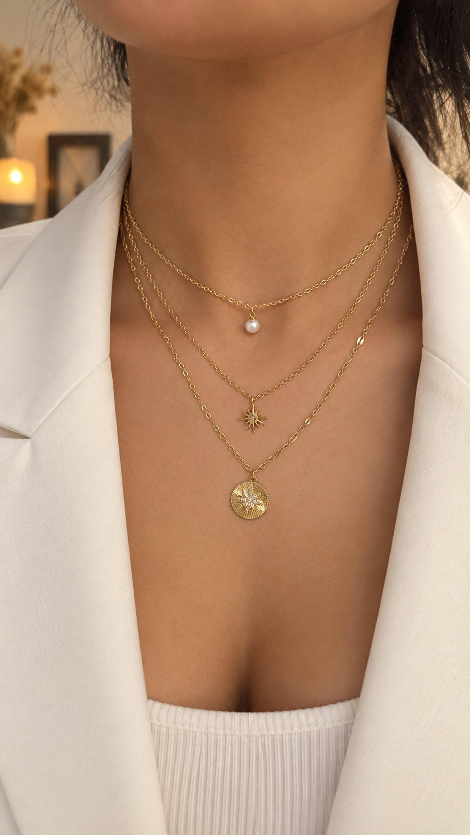 3-reihige Layering Halskette Gold | Perle & Stern Anhänger