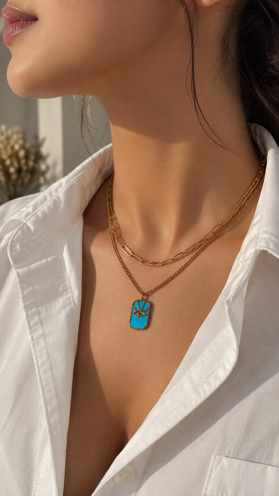 Layering Halskette Gold mit Türkis Augen Anhänger | Edelstahl Doppelkette