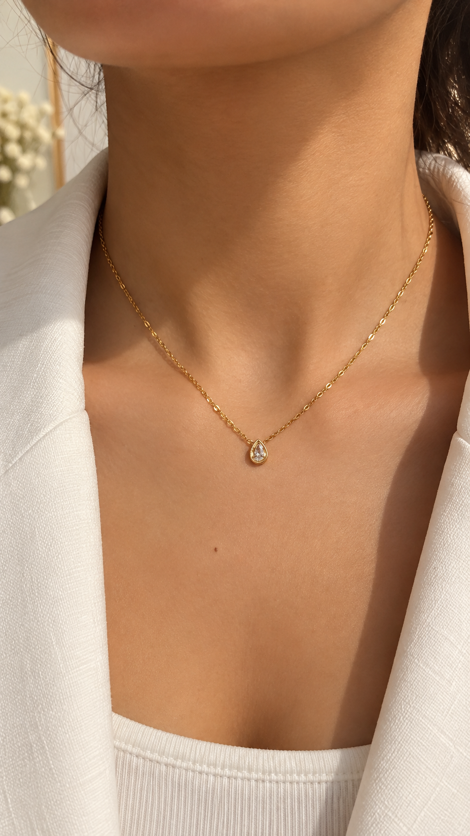 Tropfen Halskette Gold mit Zirkonia | Filigrane Edelstahl Kette