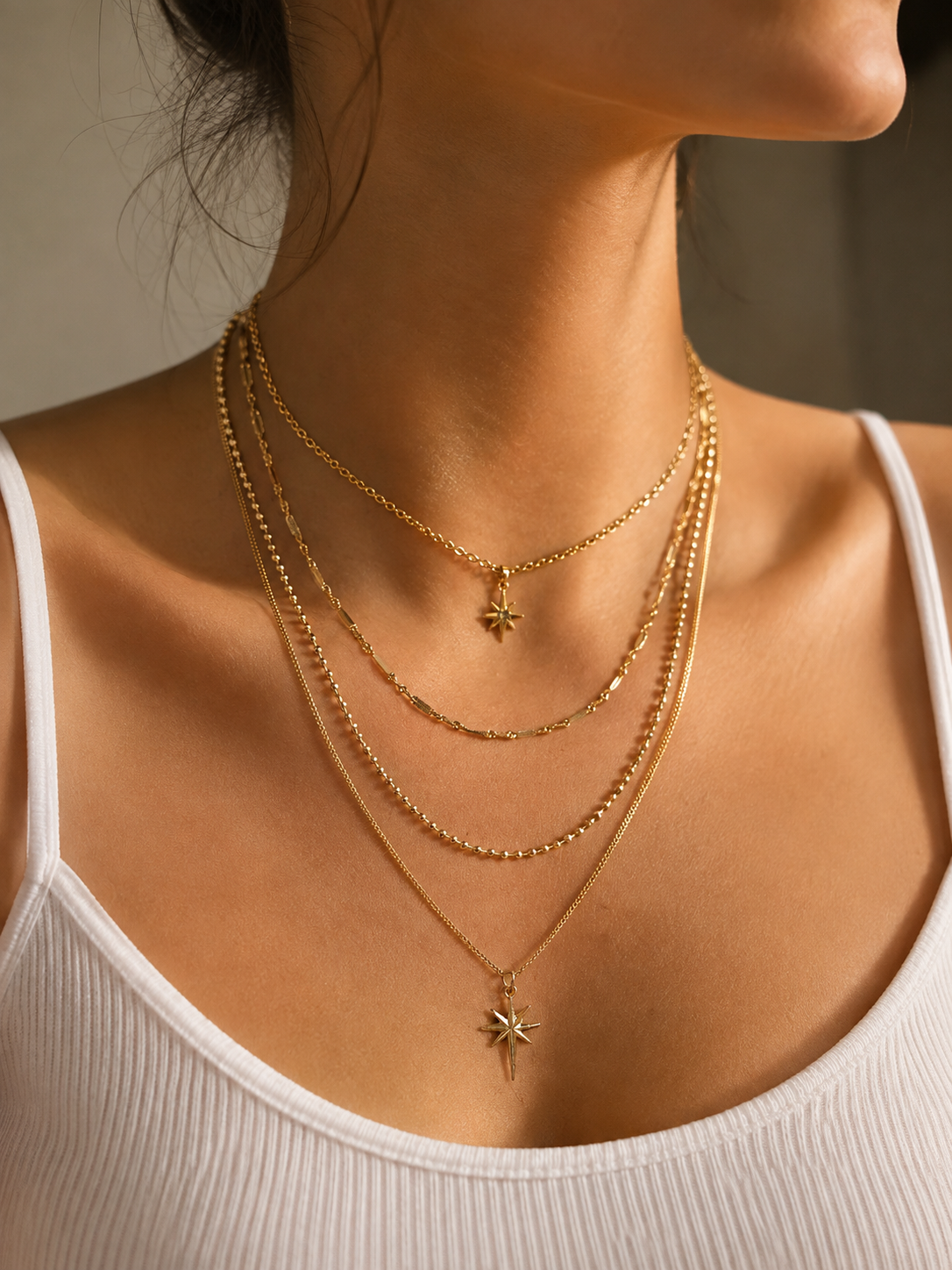 Layering Halskette Gold mit Stern – 2 Doppelkette | Edelstahl 14K vergoldet